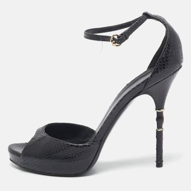 Pre Owned Gucci Black Snakeskin Leather Ankle Strap Sandals Size 39