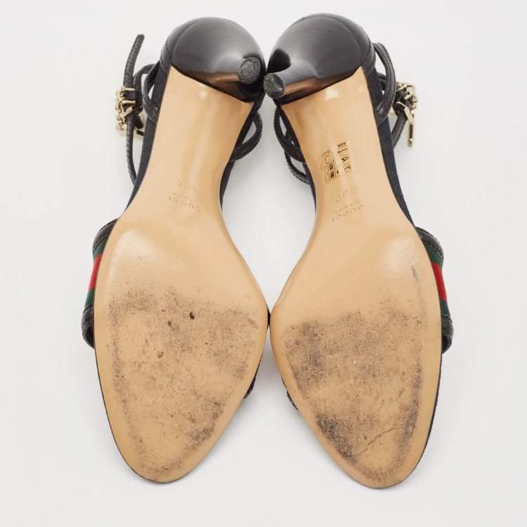 Pre Owned Gucci Black Leather And Web Ankle Strap Sandals Size 40