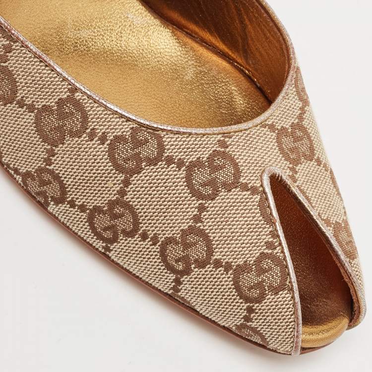 Pre Owned Gucci Beige GG Canvas Studded Heel Peep Toe Mules Size 39.5