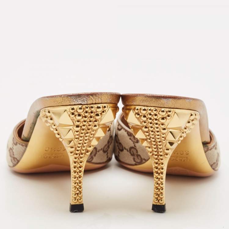 Pre Owned Gucci Beige GG Canvas Studded Heel Peep Toe Mules Size 39.5