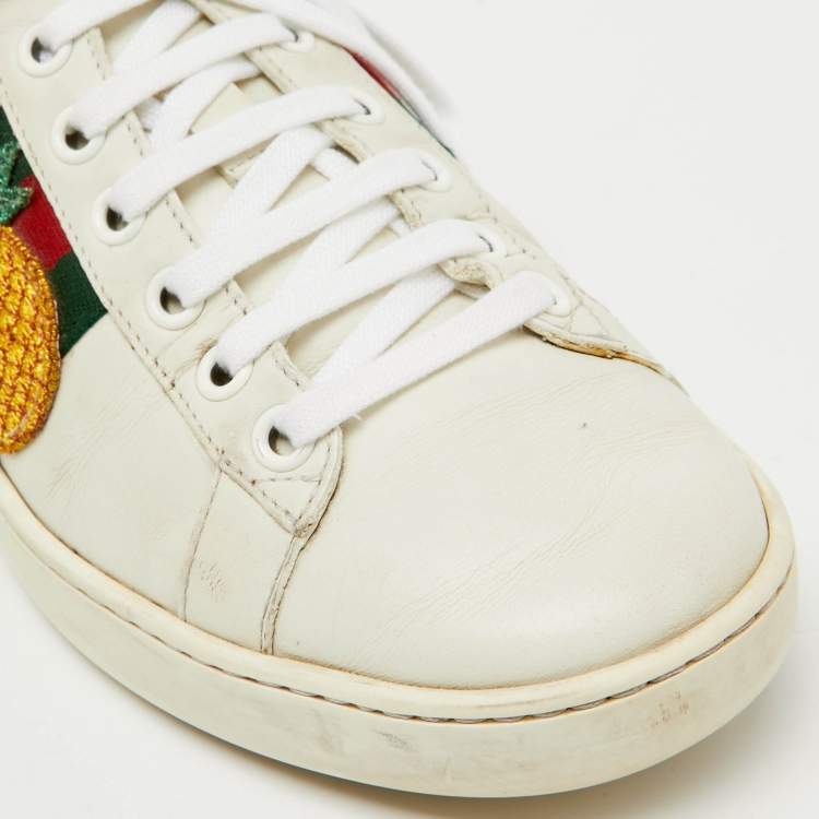 Pre Owned Gucci White/Red Leather and Snake Embossed Leather Ace Pineapple Sneakers Size 36