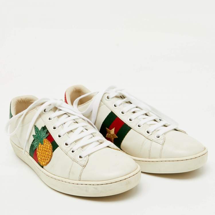 Pre Owned Gucci White/Red Leather and Snake Embossed Leather Ace Pineapple Sneakers Size 36