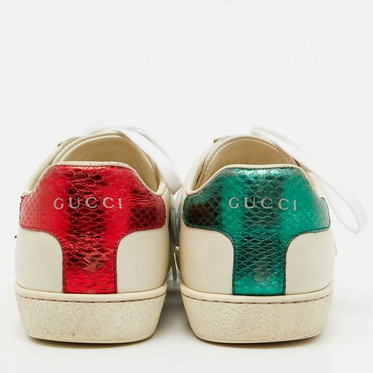 Pre Owned Gucci White/Red Leather and Snake Embossed Leather Ace Pineapple Sneakers Size 36