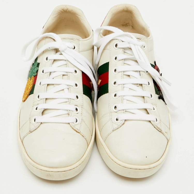 Pre Owned Gucci White/Red Leather and Snake Embossed Leather Ace Pineapple Sneakers Size 36
