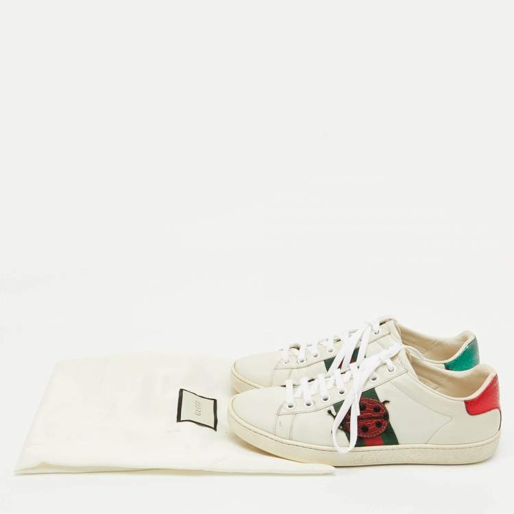 Pre Owned Gucci White/Red Leather and Snake Embossed Leather Ace Pineapple Sneakers Size 36