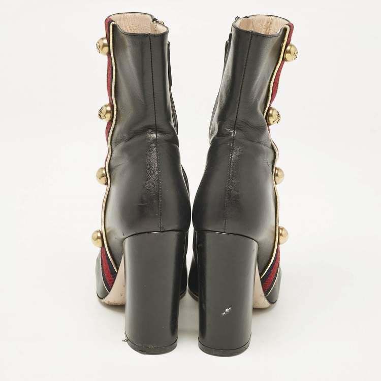 Pre Owned Gucci Black Leather Carly Malaga Studded Web Detail Block Heel Ankle Boots Size 37.5