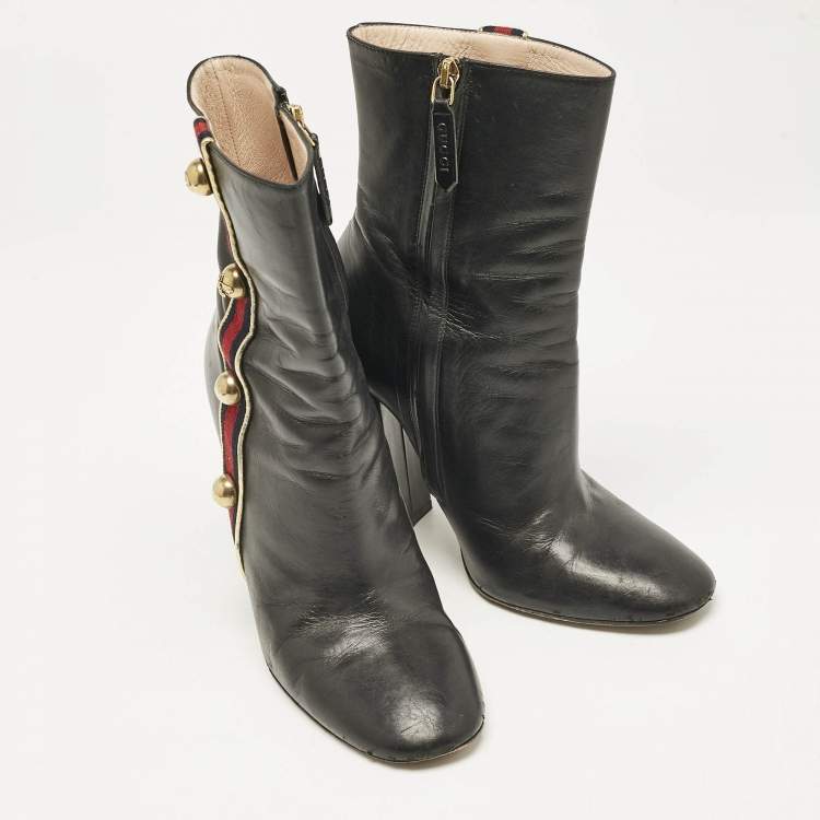 Pre Owned Gucci Black Leather Carly Malaga Studded Web Detail Block Heel Ankle Boots Size 37.5