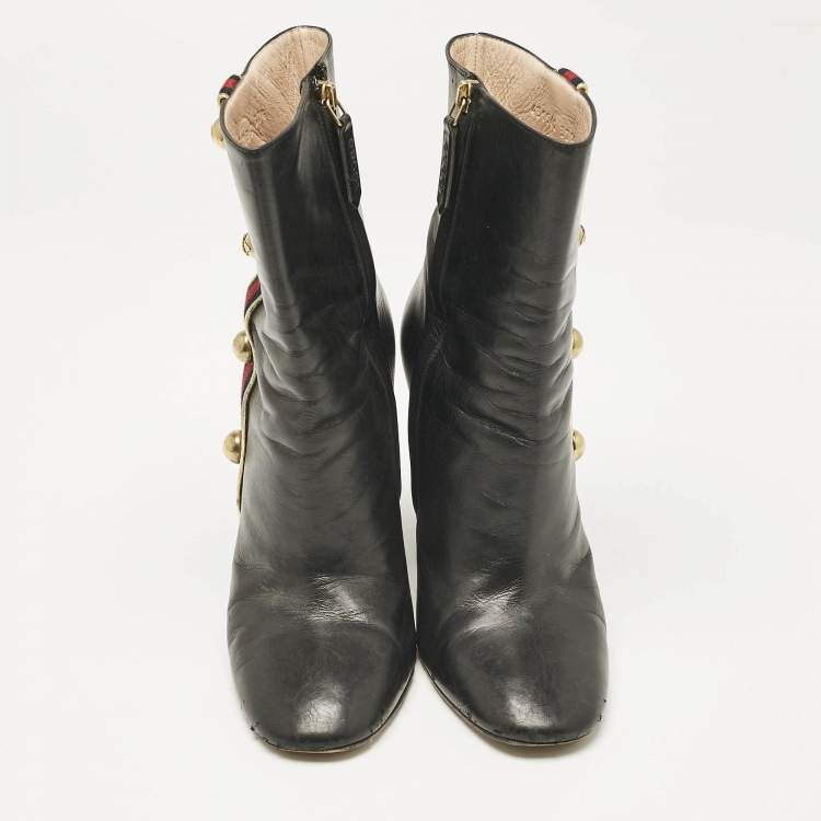 Pre Owned Gucci Black Leather Carly Malaga Studded Web Detail Block Heel Ankle Boots Size 37.5