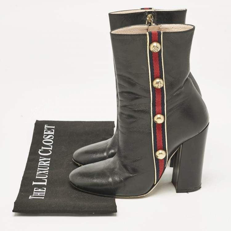 Pre Owned Gucci Black Leather Carly Malaga Studded Web Detail Block Heel Ankle Boots Size 37.5