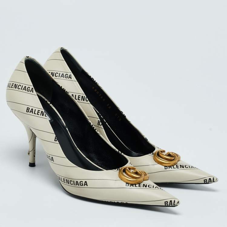 Pre Owned Gucci x Balenciaga Off White Leather Hacker Project Knife Marmont Leather Pumps Size 38