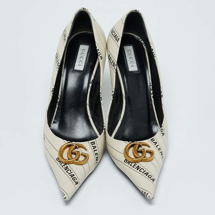 Pre Owned Gucci x Balenciaga Off White Leather Hacker Project Knife Marmont Leather Pumps Size 38