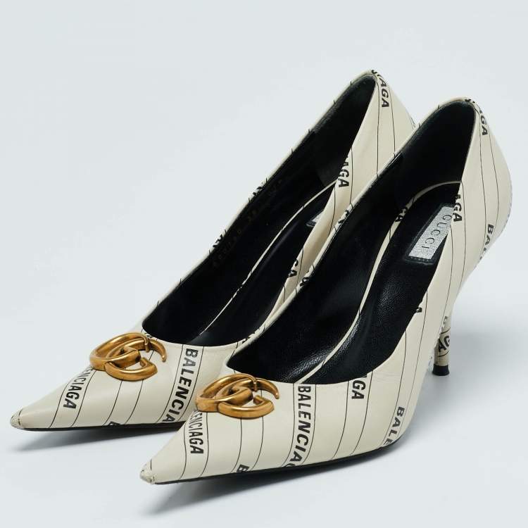Pre Owned Gucci x Balenciaga Off White Leather Hacker Project Knife Marmont Leather Pumps Size 38