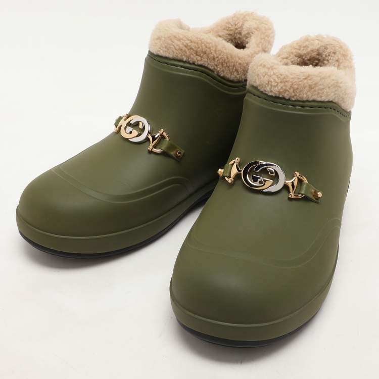 Pre Owned Gucci Green Rubber and Shearling Horsebit Snow Boots Size 37