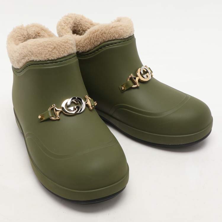 Pre Owned Gucci Green Rubber and Shearling Horsebit Snow Boots Size 37
