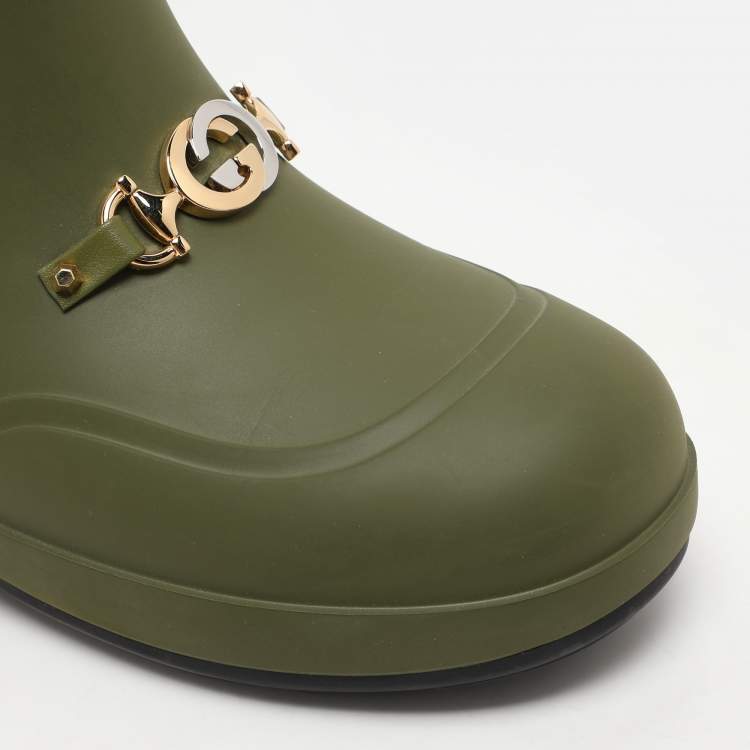 Pre Owned Gucci Green Rubber and Shearling Horsebit Snow Boots Size 37