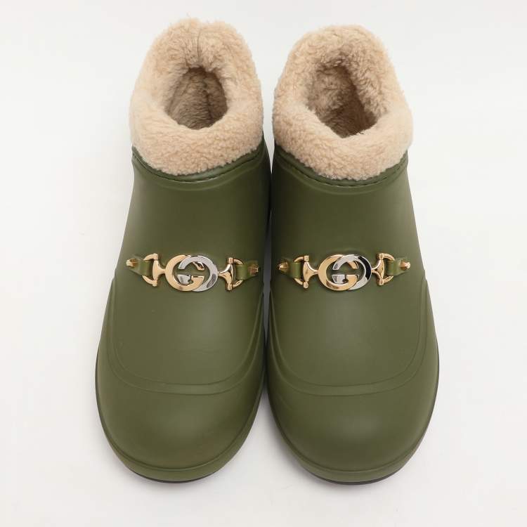 Pre Owned Gucci Green Rubber and Shearling Horsebit Snow Boots Size 37