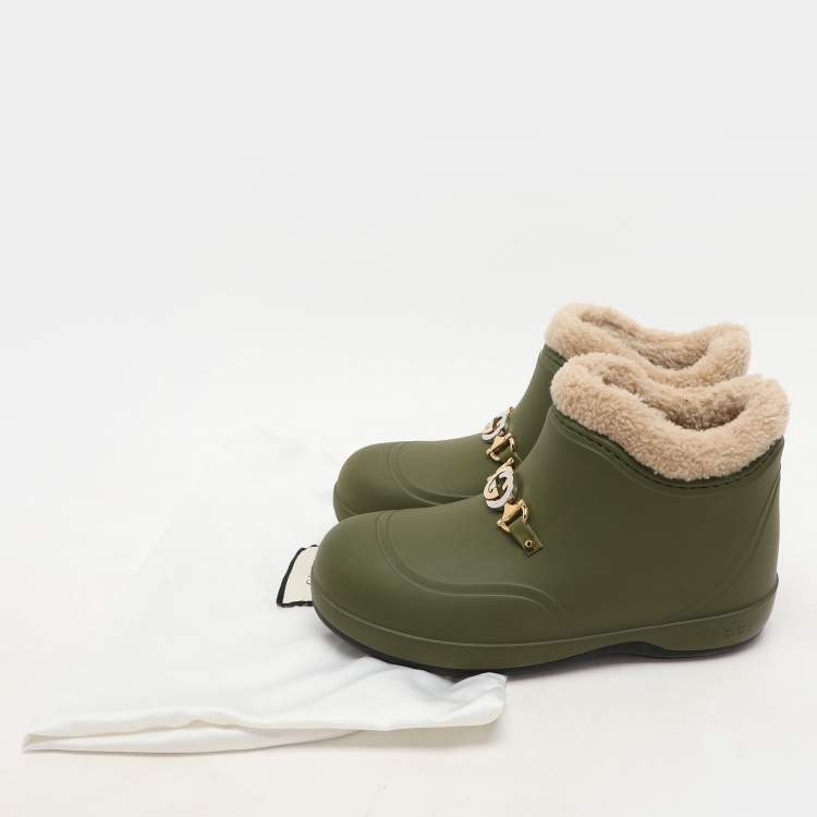 Pre Owned Gucci Green Rubber and Shearling Horsebit Snow Boots Size 37