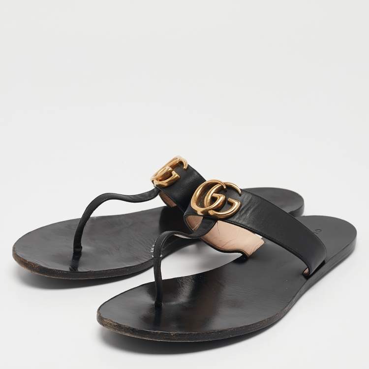 Pre Owned Gucci Black Leather GG Marmont Thong Flats Size 40