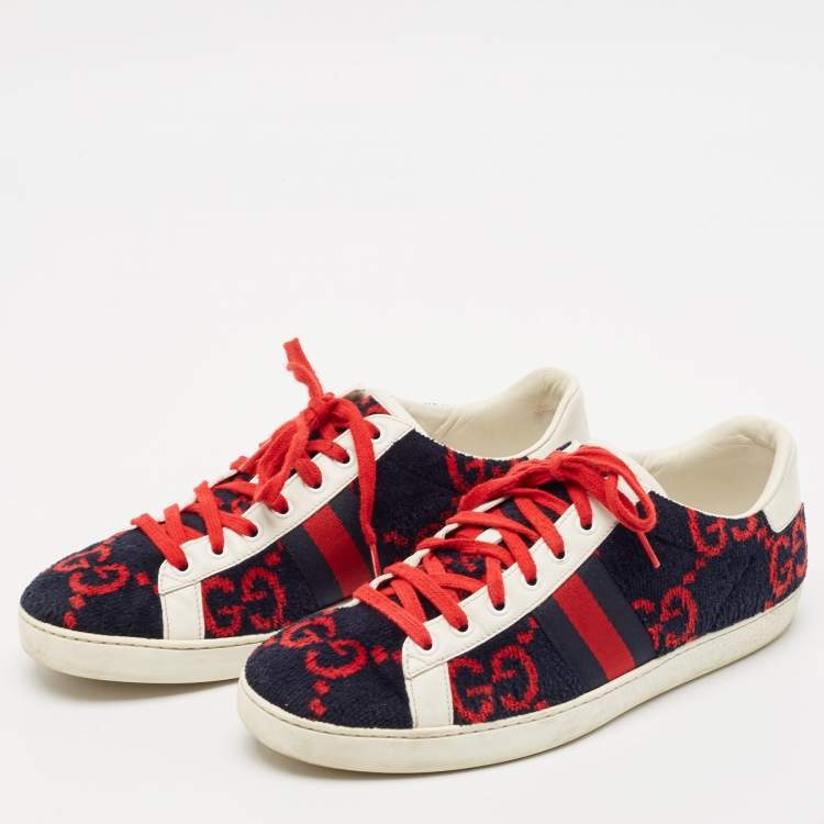 Pre Owned Gucci Navy Blue/White Leather and Velvet GG Ace Lace Up Sneakers Size 40
