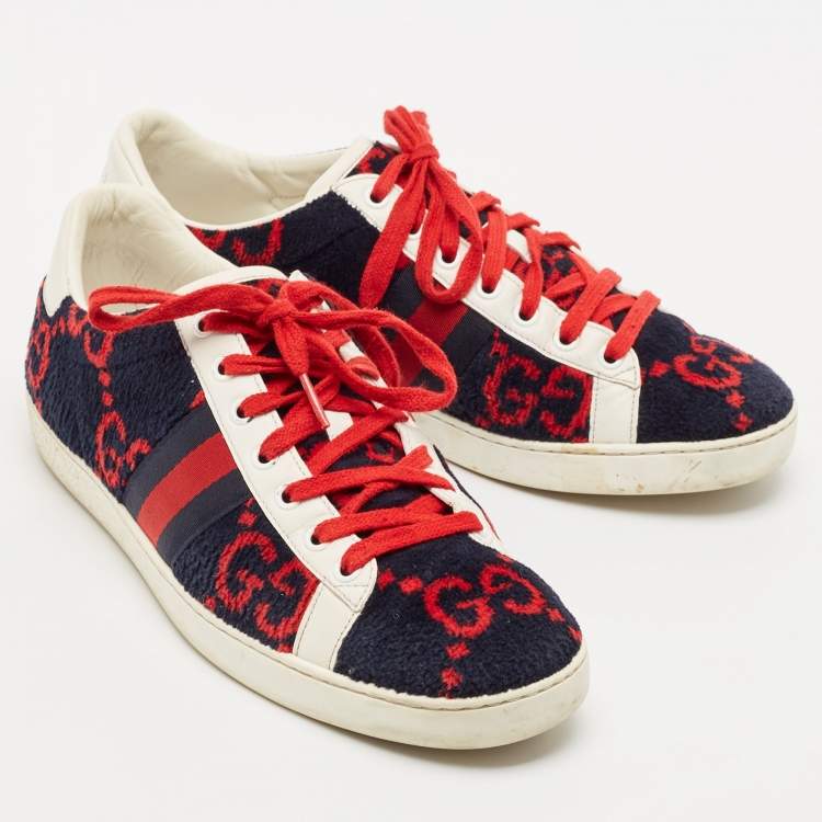 Pre Owned Gucci Navy Blue/White Leather and Velvet GG Ace Lace Up Sneakers Size 40