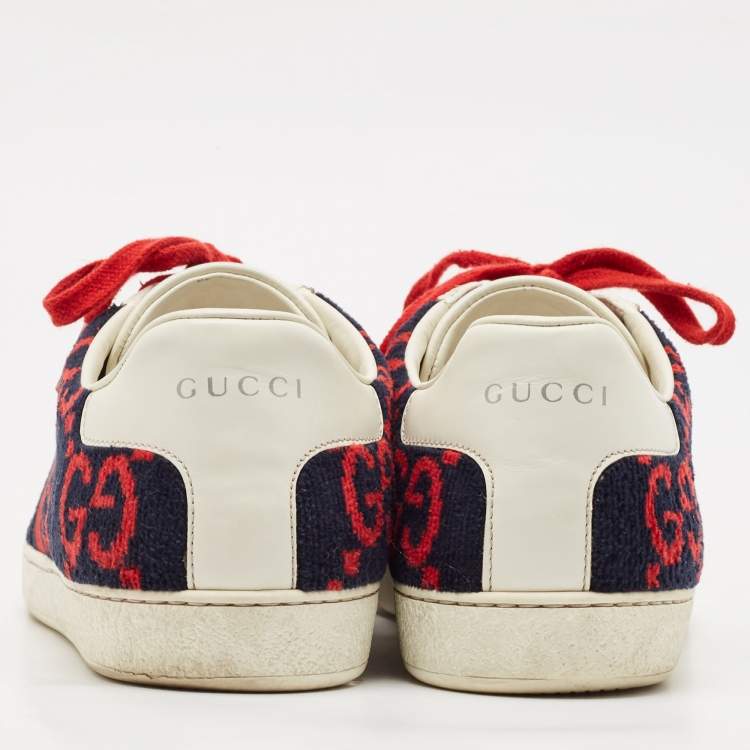 Pre Owned Gucci Navy Blue/White Leather and Velvet GG Ace Lace Up Sneakers Size 40