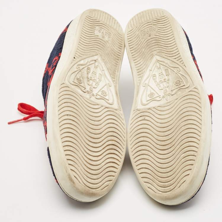 Pre Owned Gucci Navy Blue/White Leather and Velvet GG Ace Lace Up Sneakers Size 40