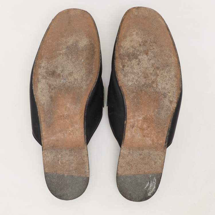 Pre Owned Gucci Black Leather Tassel Web Princetown Horsebit Flat Mules Size 40.5