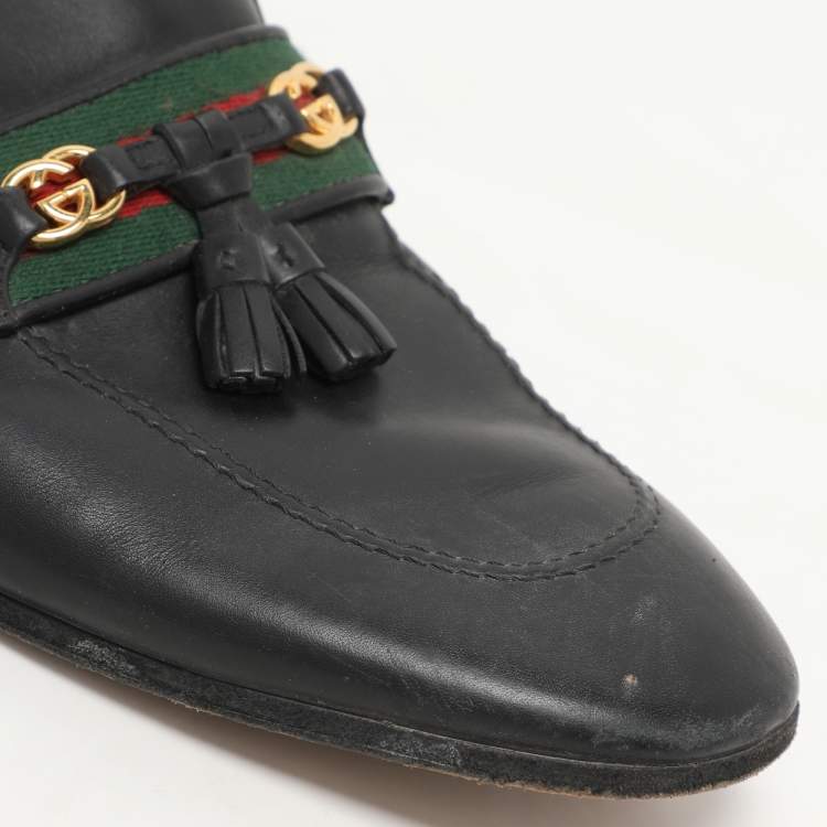 Pre Owned Gucci Black Leather Tassel Web Princetown Horsebit Flat Mules Size 40.5