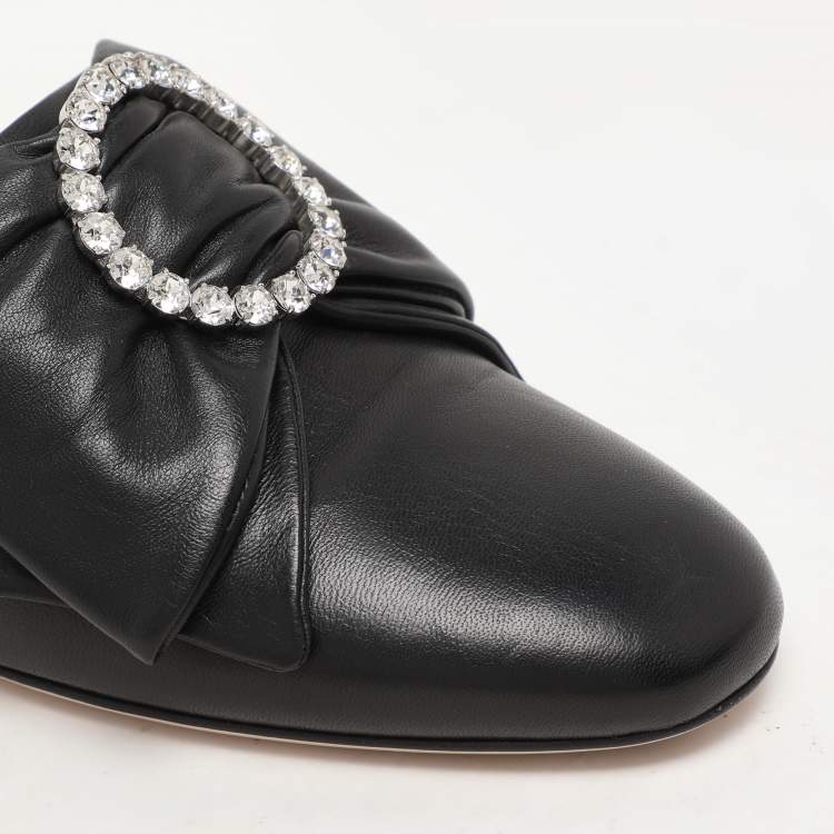 Pre Owned Gucci Black Leather Crystal Bow Embellished Mules Size 38.5