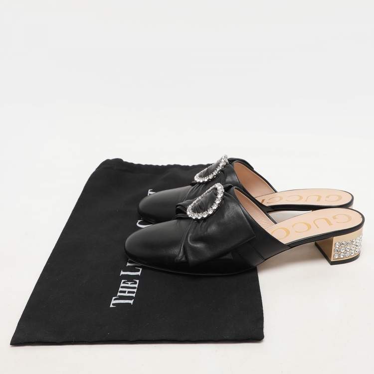 Pre Owned Gucci Black Leather Crystal Bow Embellished Mules Size 38.5