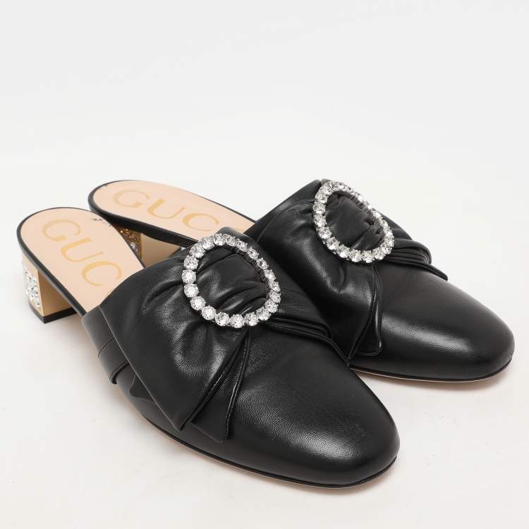 Pre Owned Gucci Black Leather Crystal Bow Embellished Mules Size 38.5