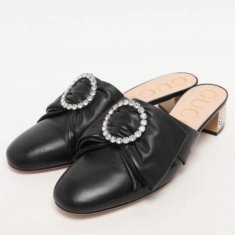 Pre Owned Gucci Black Leather Crystal Bow Embellished Mules Size 38.5