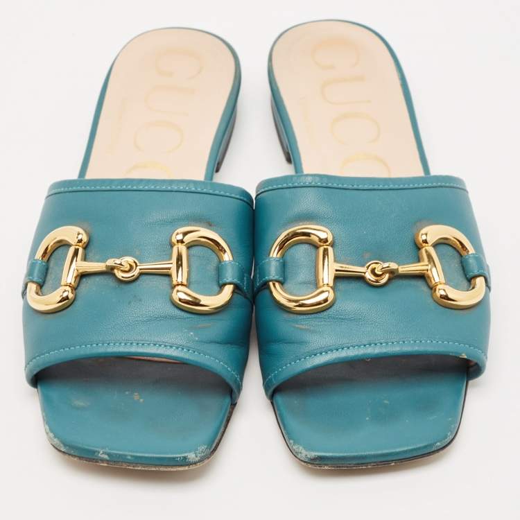 Pre Owned Gucci Green Leather Horsebit Flat Slides Size 36.5