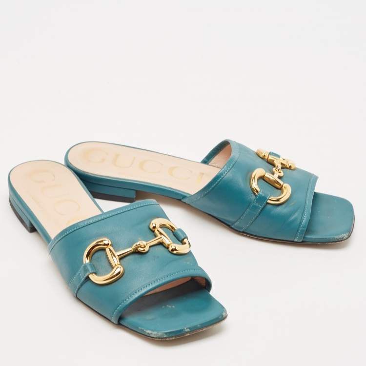 Pre Owned Gucci Green Leather Horsebit Flat Slides Size 36.5