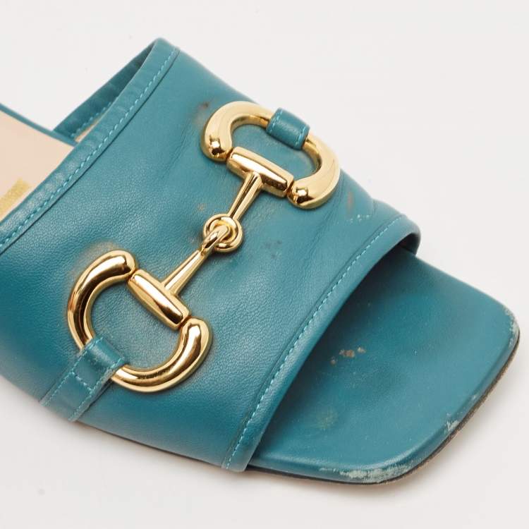 Pre Owned Gucci Green Leather Horsebit Flat Slides Size 36.5