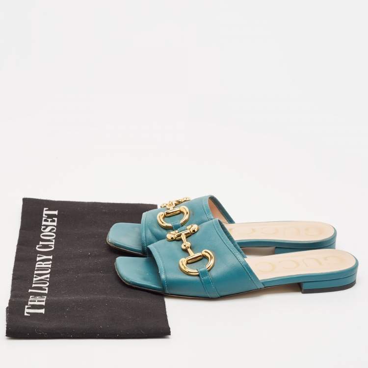 Pre Owned Gucci Green Leather Horsebit Flat Slides Size 36.5