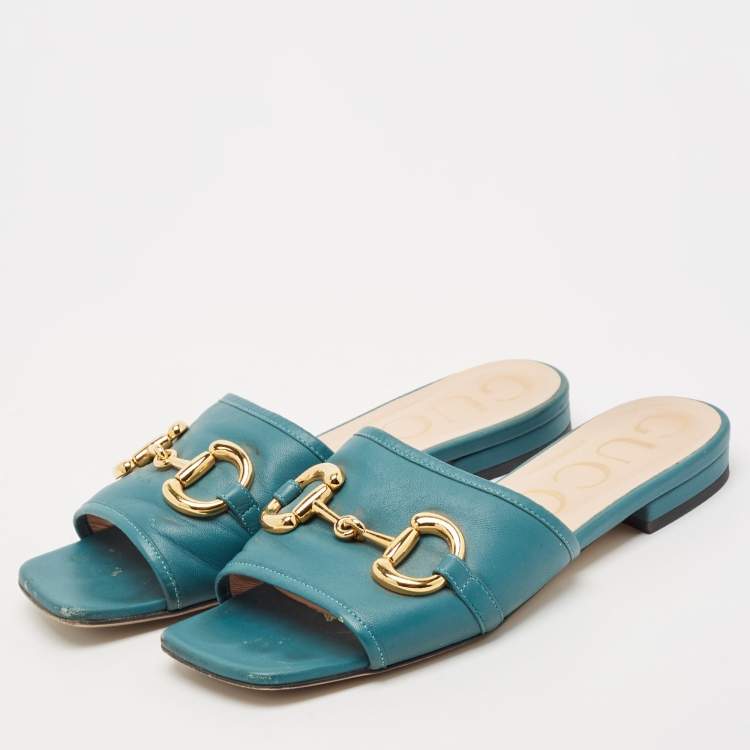 Pre Owned Gucci Green Leather Horsebit Flat Slides Size 36.5