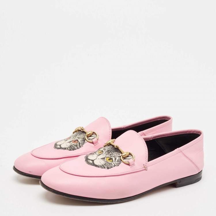 Pre Owned Gucci Pink Leather Brixton Cat Loafers Size 39