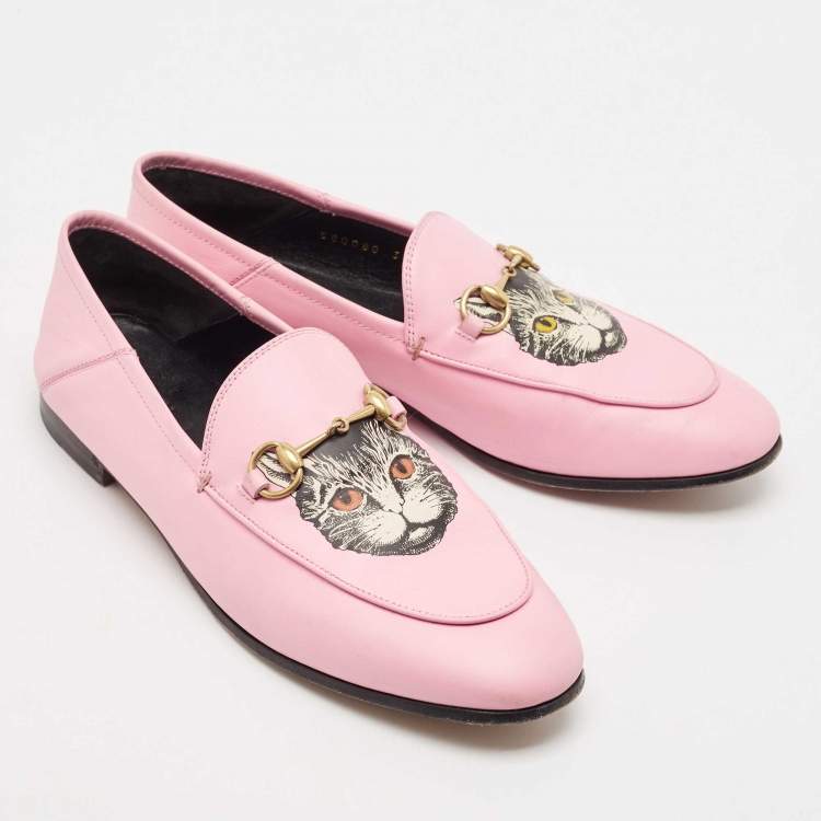 Pre Owned Gucci Pink Leather Brixton Cat Loafers Size 39