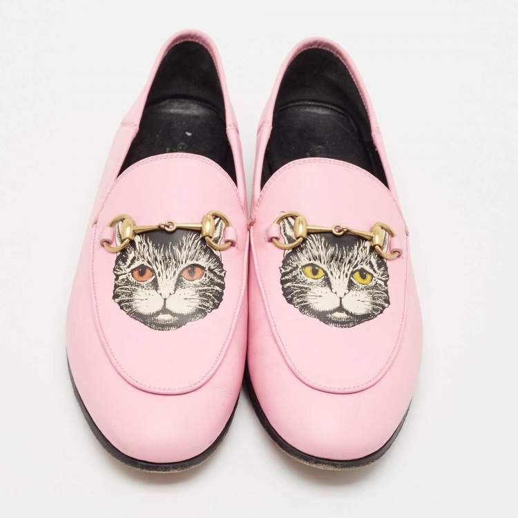Pre Owned Gucci Pink Leather Brixton Cat Loafers Size 39