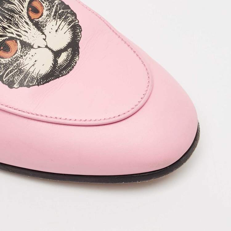 Pre Owned Gucci Pink Leather Brixton Cat Loafers Size 39
