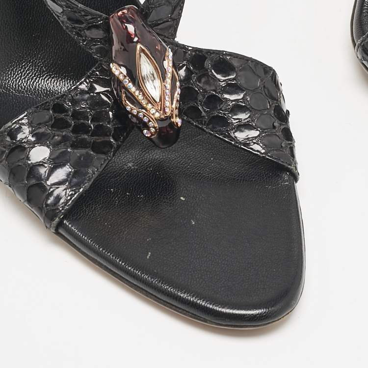 Pre Owned Gucci Black Python Snake Head Crystals Ankle Strap Sandals Size 38.5