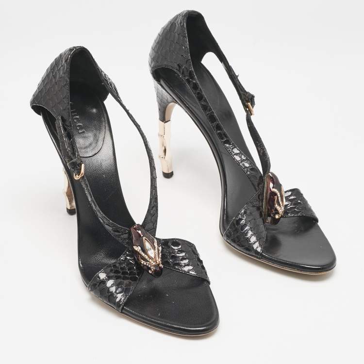 Pre Owned Gucci Black Python Snake Head Crystals Ankle Strap Sandals Size 38.5