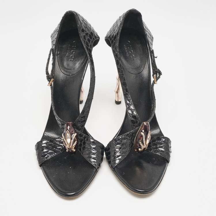 Pre Owned Gucci Black Python Snake Head Crystals Ankle Strap Sandals Size 38.5