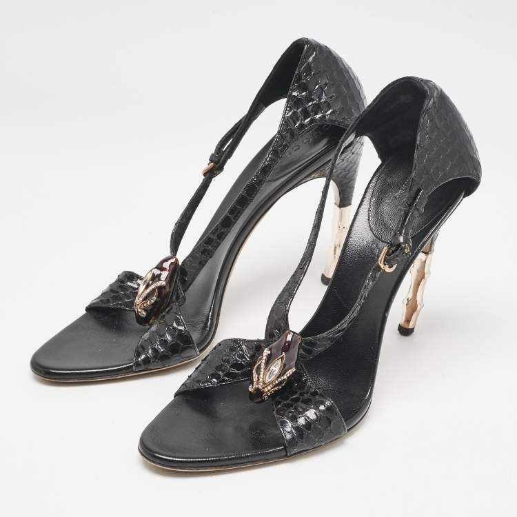 Pre Owned Gucci Black Python Snake Head Crystals Ankle Strap Sandals Size 38.5