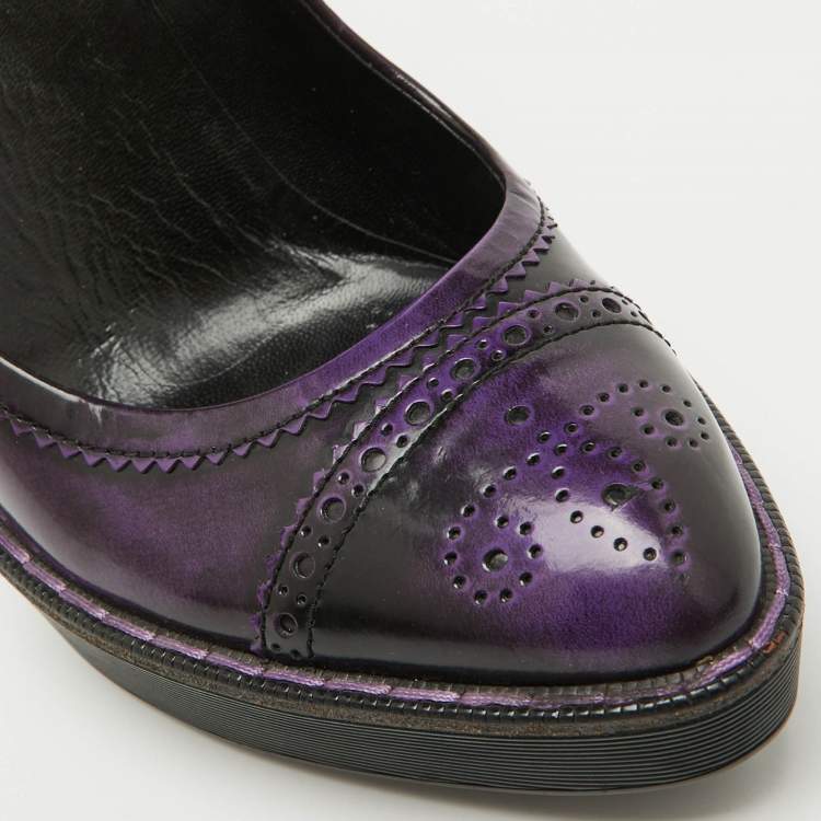 Pre Owned Gucci Purple/Black Leather Brogue Cap Toe Platform Pumps Size 39