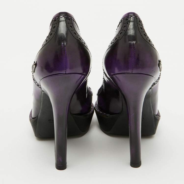 Pre Owned Gucci Purple/Black Leather Brogue Cap Toe Platform Pumps Size 39