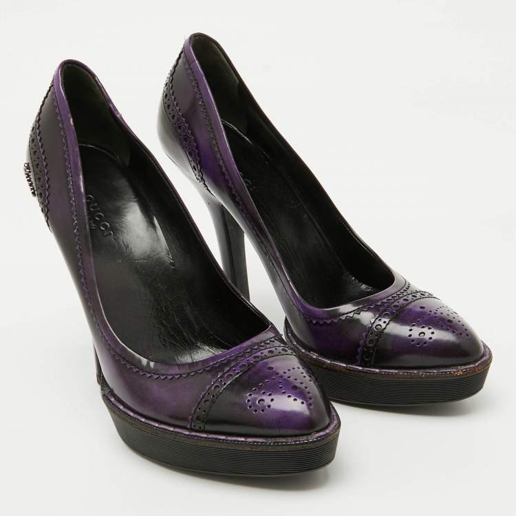 Pre Owned Gucci Purple/Black Leather Brogue Cap Toe Platform Pumps Size 39