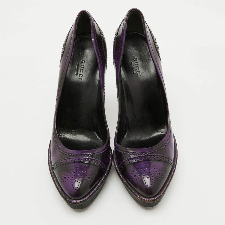 Pre Owned Gucci Purple/Black Leather Brogue Cap Toe Platform Pumps Size 39