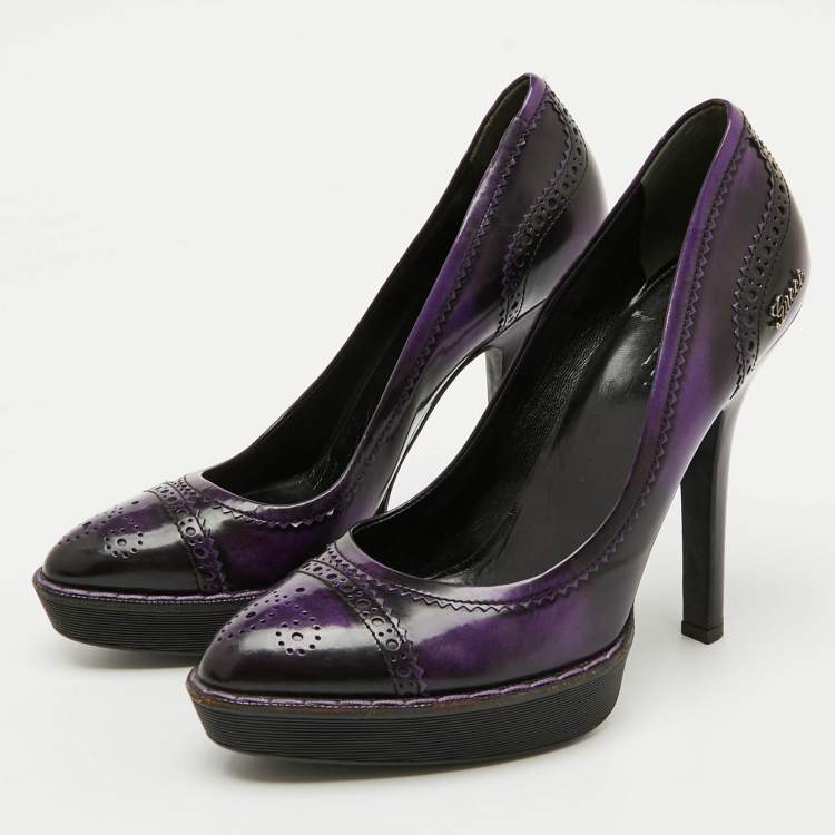 Pre Owned Gucci Purple/Black Leather Brogue Cap Toe Platform Pumps Size 39